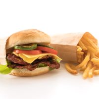 Bacon burger with french fries on white background